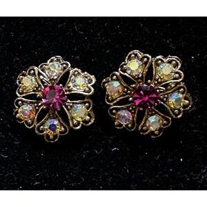 Vintage Weiss Clip on Floral Earrings Gold Tone AB & Fuschia Rhinestones